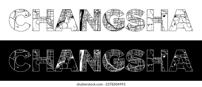 Changsha City Name (China, Asia) with black white city map illustration vector