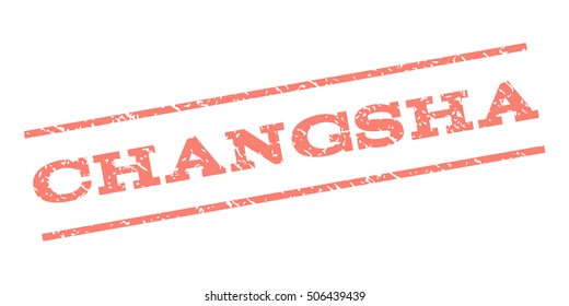 Changsha watermark stamp. Text caption between parallel lines with grunge design style. Rubber seal stamp with scratched texture. Vector salmon color ink imprint on a white background.