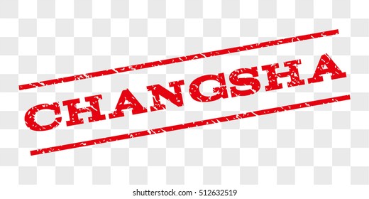 Changsha watermark stamp. Text caption between parallel lines with grunge design style. Rubber seal stamp with dust texture. Vector red color ink imprint on a chess transparent background.