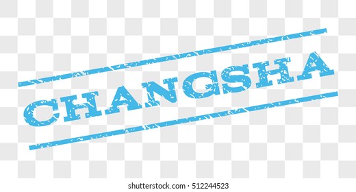 Changsha watermark stamp. Text tag between parallel lines with grunge design style. Rubber seal stamp with dust texture. Vector light blue color ink imprint on a chess transparent background.