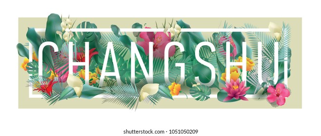Changshu City Typographic Floral Framed Vector Card Design
