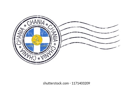 Chania  city grunge postal rubber stamp and flag on white background