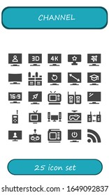 channel icon set. 25 filled channel icons.  Simple modern icons such as: Television, Tv, Walkie talkie, Walkie talkies, Remote control, Rss