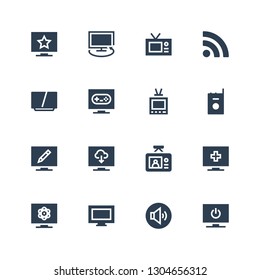 channel icon set. Collection of 16 filled channel icons included Television, Volume adjustment, Tv, Walkie talkie, Rss