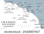 Channel Islands of California, gray political map. Eight-island archipelago in the Pacific, southwest of Los Angeles metropolitan area, administered by counties Santa Barbara, Ventura and Los Angeles.