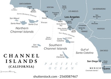 Channel Islands of California, gray political map. Eight-island archipelago in the Pacific, southwest of Los Angeles metropolitan area, administered by counties Santa Barbara, Ventura and Los Angeles.