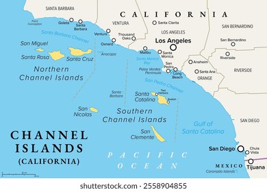 Channel Islands of California, political map. Eight-island archipelago in the Pacific, southwest of Los Angeles metropolitan area, administered by the counties Santa Barbara, Ventura and Los Angeles.