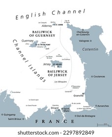 Channel Islands, gray political map. Crown Dependencies Bailiwick of Guernsey and Bailiwick of Jersey. Archipelago in the English Channel, off the coast of France. Remnants of the Duchy of Normandy.