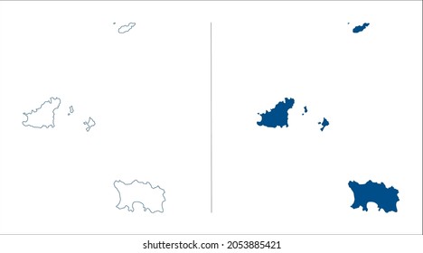 Channel Islands map vector. Bailiwick of Guernsey and Bailiwick of Jersey. High detailed vector outline and blue silhouette. All isolated on white background. Template for website, design