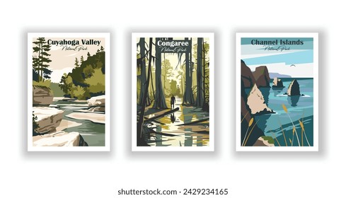 Channel Islands, National Park. Congaree, National Park. Cuyahoga Valley, National Park - Vintage travel poster. Vector illustration. High quality prints