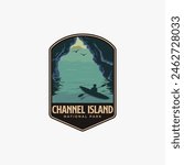 Channel Islands National Park logo patch badge illustration, Kayak on the Sea cave design