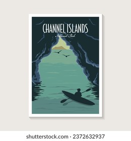 Afiche del Parque Nacional de las Islas del Canal, diseño de afiches de la cueva de Kayak on Sea