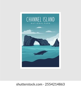 Channel Islands National Park poster illustration, Kayak on the Sea cave poster design