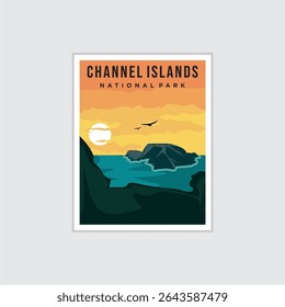 Channel Islands National Park poster illustration, Kayak on the Sea cave poster design
