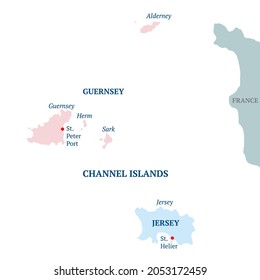 Channel Islands vector political map. Bailiwick of Guernsey and Bailiwick of Jersey with capitals. Archipelago off the French coast. All isolated on white background. Vector