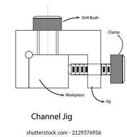 A channel jig with bush and clamps - Manufacturing Illustration , vector 