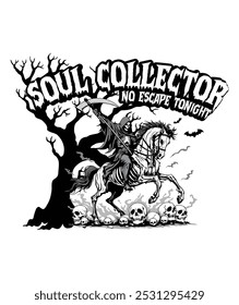 ¡Canaliza tu segador interior con esta camiseta de Soul Collector! Una figura sombría monta un caballo esquelético, rodeado de cráneos y un árbol inquietante.