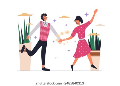 Channeling web concept with people scene in flat design. Man and woman touching with their palms, feeling emotional connection and mental together. Vector illustration with character situation for web