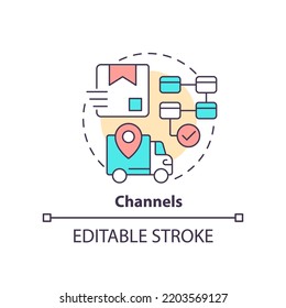 Channels concept icon. Product management instruments. Business model canvas abstract idea thin line illustration. Isolated outline drawing. Editable stroke. Arial, Myriad Pro-Bold fonts used
