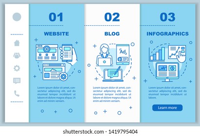 Channels for SEO onboarding mobile web pages vector template. Infographics. Responsive smartphone website interface idea with linear illustrations. Webpage walkthrough step screens. Color concept