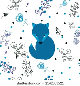 Chanterelle among the flowers of twigs with leaves. Seamless pattern in cool blue tones. Vector file.