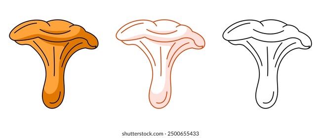 Chanterelle mushroom, colorful and line icon set. Fall or summer icon of forest harvest food. Vector flat outline icon, monochrome red and color illustration. For logo, sticker, coloring book, label