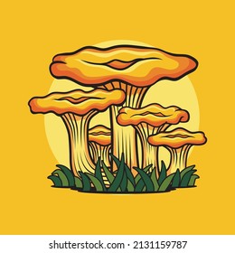 Chanterelle Mushroom Growing on the Grass in Yellow Background