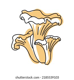 Chanterelle mushroom. Isolated on white background. Edible forest mushrooms. Line art with splashes of color added. Pastel colors. Vector illustration.
