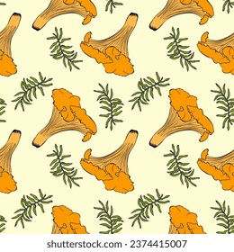 Chanterelle mushroom and moss pattern on yellow background, hand drawn contour doodle.