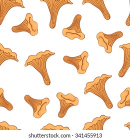 Chanterelle mushroom seamless pattern on white background.