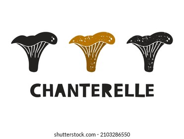 Chanterelle mushroom, silhouette icons set with lettering. Imitation of stamp, print with scuffs. Simple black shape and color vector illustration. Hand drawn isolated elements on white background