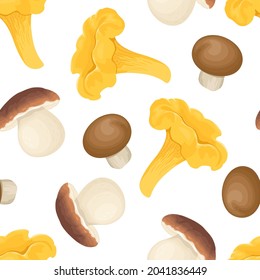 Chanterelle mushrooms and boletus mushrooms seamless pattern. Food background. Vector autumn illustration.