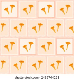 Chanterelle Mushrooms checked seamless pattern. Bento box repeat background. Autumn picking mushroom retro stamps endless design. Vector hand drawn flat illustration.