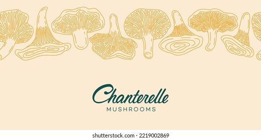 Chanterelle mushrooms label design. Seamless border template. Linear graphic style. Vector illustration.