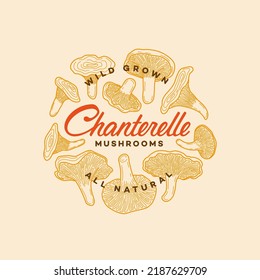 Chanterelle mushrooms label round frame design template. Linear style. Vector illustration.