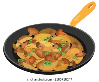 Chanterelle mushrooms with potatoes and onions in frying pan. Hand drawn vector illustration. Suitable for website, stickers, postcards, menu.