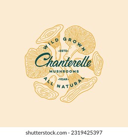 Chanterelle mushrooms round label design template. Linear graphic style. Vector illustration.