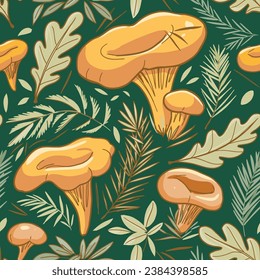 Chanterelle mushrooms seamless pattern design, vector illustration.