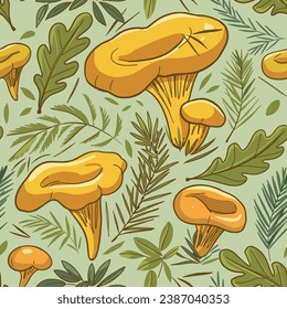 Chanterelle mushrooms seamless pattern design, vector illustration.