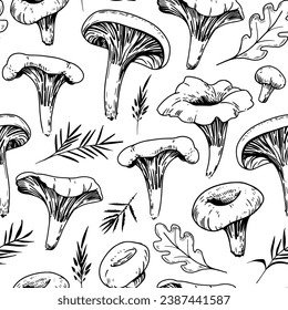 Chanterelle mushrooms seamless pattern design, vector illustration.