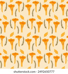 Chanterelle Mushrooms seamless pattern. Edible fungus repeat background. Autumn forest picking endless design. Vector hand drawn illustration.