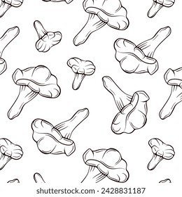 Chanterelle mushrooms seamless pattern in line art style. Endless repeatable texture with organic vegetarian food. Vector illustration on a white background.