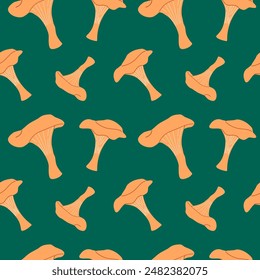 chanterelle mushrooms seamless pattern on green background