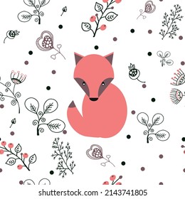 The chanterelle is pink in color among different plants. Vector file. Seamless pattern.