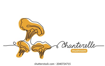 Chanterelle wild mushrooms simple vector illustration. Single line art drawing with lettering chanterelle mushroom.