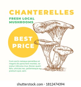 Chanterelles Abstract Vector Sign Template. Hand Drawn Mushrooms Sillhouette with Modern Typography Card. Advertising Emblem or Package Label. Isolated.