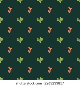 Chanterelles, forest lichen and mushroom seamless pattern. Green forest botanical repeat background. Nature botany design, wallpaper, textile, print. Hand drawn forest plants vector illustration.