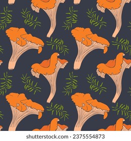 Chanterelles and moss pattern on dark background. 