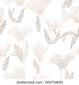 Chanterelles mushrooms pattern in line style. Isolated vector illustration. Seamless print.