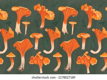 Chanterelles pattern on a black background. Various mushrooms, various natural materials. The basis for decor of fabric, paper, notebook covers, wallpapers. Vector pattern with edible raw mushrooms.